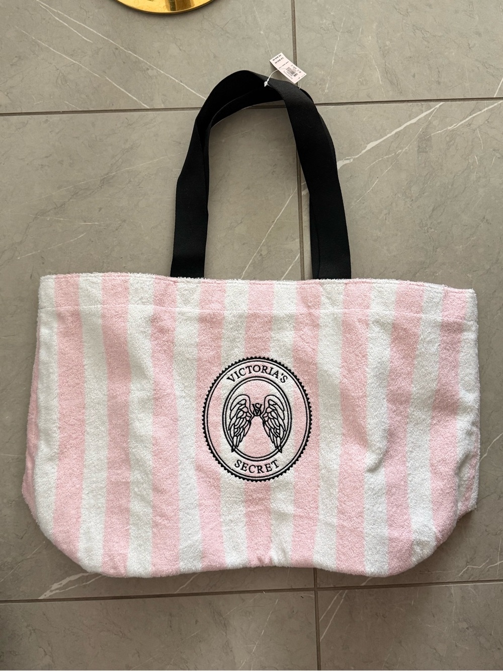 Victoria's Secret Pink & White Striped beach Tote with Black Handles